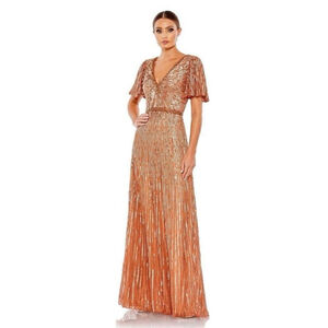 MAC DUGGAL EMBELLISHED V NECK BUTTERFLY SLEEVE COLUMN GOWN IN COPPER 5538 SIZE 8